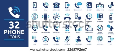 Phone icon set. Containing mobile, calling, contact, message, communication, call, cellular, vibrate, and more. Collection of telephone solid icons. Royalty-Free Stock Photo #2265792667