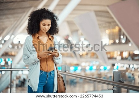 Travel, phone and search with black woman in airport for social media, relax and networking. Flight, departure and holiday with girl passenger browsing online for communication, vacation and contact