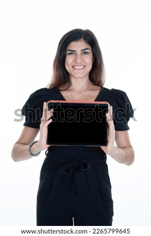 business woman presenting holding tablet computer empty blank black screen mock up