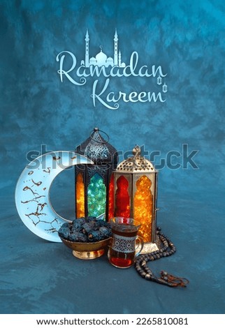 Creative Ramadan Kareem vertical design, Ramadan Mubarak and Eid iftar concept photo, Colourful Traditional lamp and Dates in a golden bowl with crescent moon shape