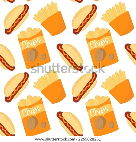 Fast food cartoon seamless pattern colorful. Chips, fries and hotdog set of illustrations.