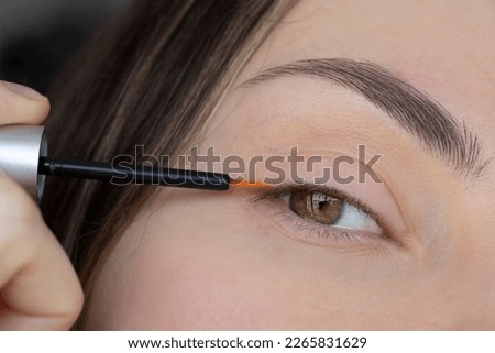 Young woman's eye with a brush of oil serum for lash growth and density. Hair loss. Close-up. From Thin to Thick Royalty-Free Stock Photo #2265831629