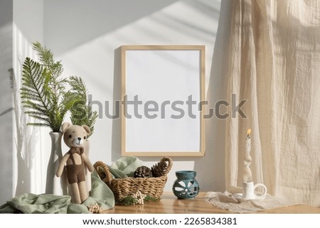 Wooden frame mockup on wall with beige curtains