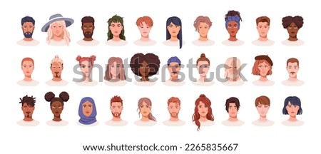 Face portraits, diverse characters avatars set. Young men, women heads, user profiles. People with different appearance, hairstyle, race. Flat vector illustrations isolated on white background
