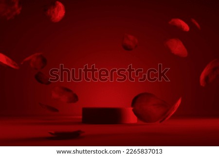 Red product podium placement on solid background with rose petals falling. Luxury premium beauty, fashion, cosmetic and spa gift stand presentation. Valentine day present showcase. Royalty-Free Stock Photo #2265837013