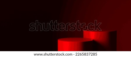 Red podium for premium product placement on dark background. Pedestal studio display mockup. luxury platform stand design template.