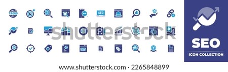 Seo icon collection. Duotone color. Vector illustration. Containing trend, target, seo, search engine, keyword, white hat, analytics, risk management, link building, script, ranking, network. Royalty-Free Stock Photo #2265848899