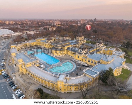 Thermal Bath Szechenyi in Budapest, Hungary. People in Water Pool. Drone Point of View. Royalty-Free Stock Photo #2265853251