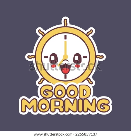 good morning sticker with clock cartoon object. icon vector flat style design with outline