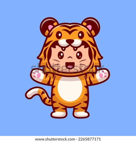 Cute Kid, Wearing Tiger Costume Cartoon Vector Icon Illustration. People Animal Icon Concept Isolated Premium Vector. Flat Cartoon Style
