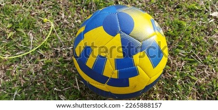 a yellow-blue soccer ball is on the grass