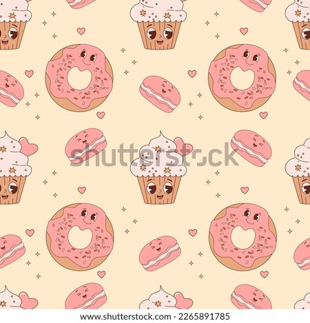 Seamless pattern with cute pastry characters. Cartoon donut, macaron and cake cupcake on yellow background. Vector Illustration for wallpaper, design, textile, packaging, decor, kids collection