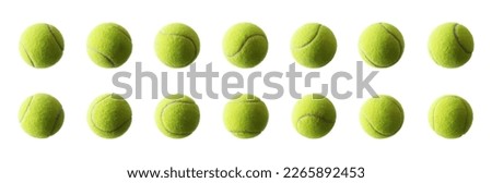 Group of tennis balls in different cut out views with white isolated background Royalty-Free Stock Photo #2265892453