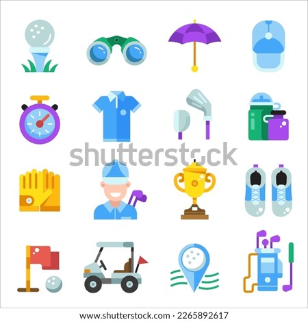 Golf icons with equipment, clothes and gear. Golfing icon set in flat design including golf club, ball, golfer, bag, umbrella and other accessories.
