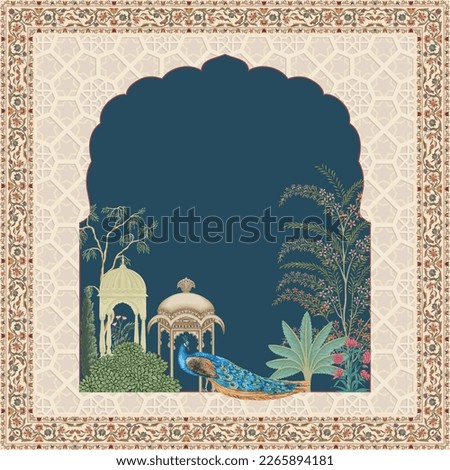 Traditional Islamic Mughal garden arch, palace with peacock illustration frame for wedding invite Royalty-Free Stock Photo #2265894181
