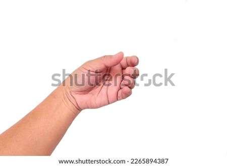 Close up of person hand showing in various gestures, pick or holding things, holding hands, paper, card, coin, water bottle, small size, large size, isolated on white background and practical concept.