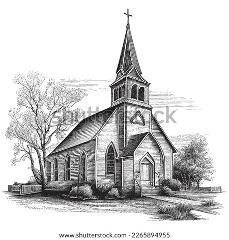Hand Drawn Engraving Pen and Ink Church Vintage Vector Illustration Royalty-Free Stock Photo #2265894955