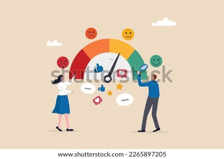 Sentiment analysis on customer feedback, brand reputation or positive review, social voice, rating or opinion report, reaction or survey concept, business people analyze social sentiment dashboard. Royalty-Free Stock Photo #2265897205