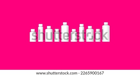 White cosmetic bottles isolated on red background. Packaging of cosmetics. Ten containers for cosmetics. Horizontal image. Banner for insertion into site. 3d image. 3D visualization.