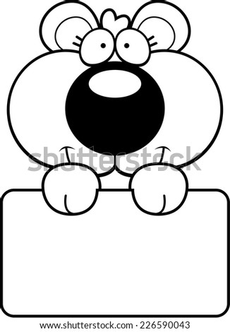 A cartoon illustration of a bear cub with a white sign.