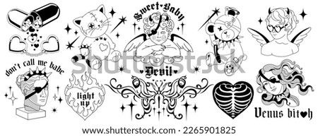 Y2k Tattoo art 90s, 00's silhouettes.Angel, baby demon, heart shaped bones and fire, barbed love art.Vector tats with gothic weird brutal quotes. Black and white colors, fun goth stickers. Royalty-Free Stock Photo #2265901825