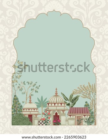 Traditional Islamic Mughal garden arch, palace with peacock illustration frame for Invitation print Royalty-Free Stock Photo #2265903623