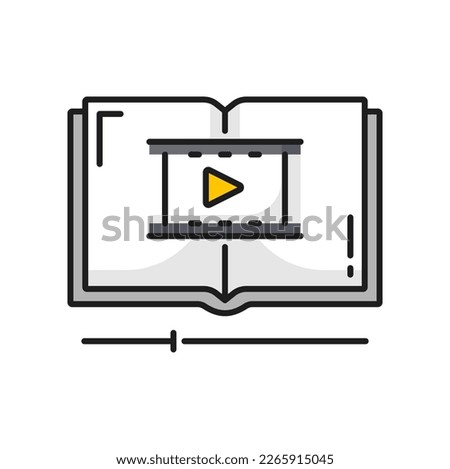 Training video production icon. Educational movie, video tutorial or seminar production outline vector icon. Filmmaking studio line pictogram or symbol with opened book, film strip, play button