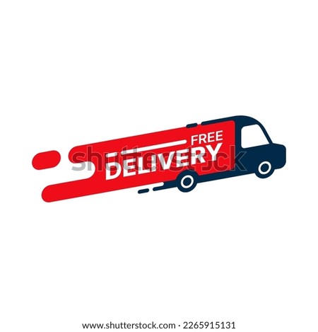 Free delivery service icon. Retail company cargo free delivery, moving service or parcel express shipping vector emblem. Fast food restaurant meal free delivery symbol or icon with van silhouette