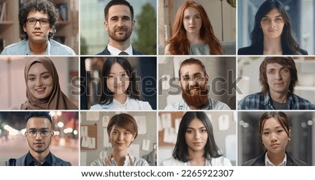 Many happy diverse ethnicity different young people group headshots in collage mosaic collection. Lot of multicultural faces looking at camera. Human resource society database concept.