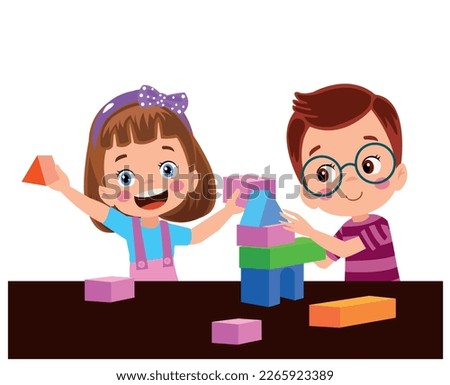 Vector Illustration Of Kid Playing With Building Blocks