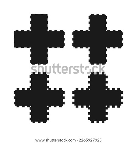Notch edge Swiss cross icon set. A quartet of black symbols with notched edges. Isolated on a white background.