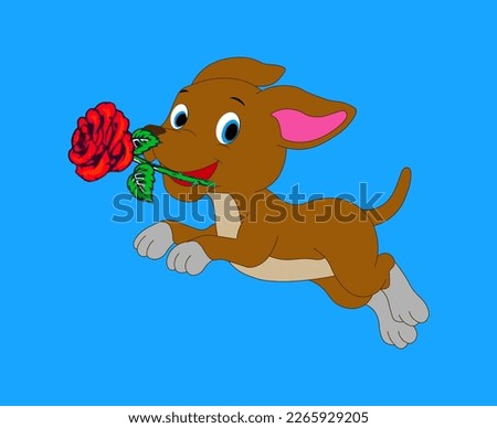 Cute funny Dog With Red Rose Cartoon Illustration. Animal Romance Icon Concept Isolated Premium  Illustration.
