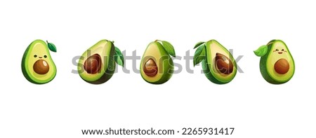 Set of realistic halved avocado, vector illustration, cartoon style. Green and half-cut avocado. Tropical fruits, avocado snacks or vegetarian food. Vector illustration isolated on white background. Royalty-Free Stock Photo #2265931417