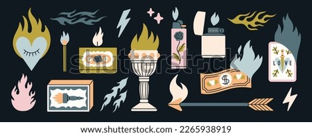 Big illustrations set with fire elements. Matchbox, candle, lighter, flame, lightning etc. Hand drawn vector illustrations isolated on black background.