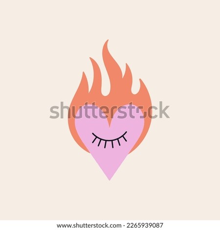 Poster with a heart in flame. Romance, passion and love on fire concept. Hand drawn vector illustration in nice colors. For social media, web and typographic design. Saint Valentine's Day.