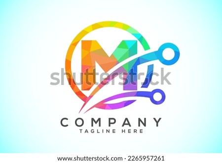 Polygonal low poly M alphabet in a circle with technology sign symbol. Technology logo design concept