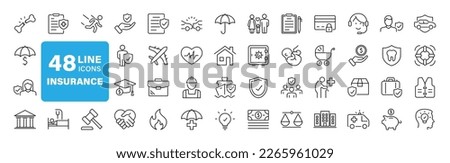 Insurance set of web icons in line style. Insurance and assurance icons for web and mobile app. Protection of health, life, property, car, home, travel insurance icons and more. Vector illustration Royalty-Free Stock Photo #2265961029