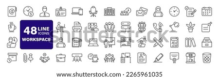 Office workspace set of web icons in line style. Office and coworking icons for web and mobile app. Office, remote working, meeting, co-worker, workspace, desk, computer, business icons and more Royalty-Free Stock Photo #2265961035