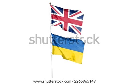 Union Jack and Ukrainian flag on cloudy sky. waving in the sky