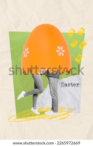 Creative postcard template collage of marriage people hide in painting easter egg shell enjoy date