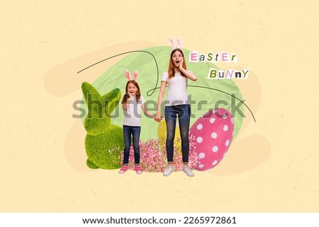 Creative invitation banner collage of family shopping easter sale on painting chocolate eggs bunny decoration