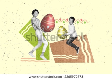 Invitation poster collage of two people mommy kid celebrate together easter occasion collect chocolate eggs hide by bunny Royalty-Free Stock Photo #2265972873