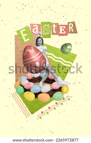 Card postcard collage of cute small kid in rabbit costume showing holding chocolate sweet eggs collecting