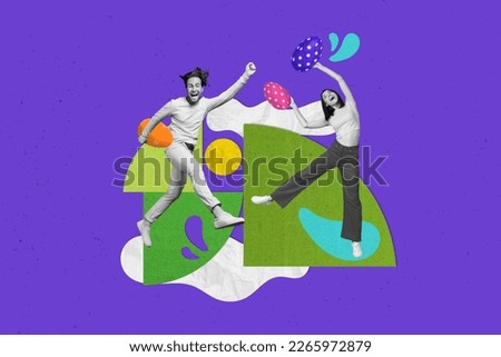 Invitation picture card collage of funny friends people enjoy easter party collect painting colorful chocolate eggs