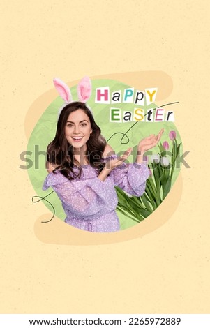 Creative image invitation collage of beautiful lady wear theme easter bunny costume advertise season sale festival