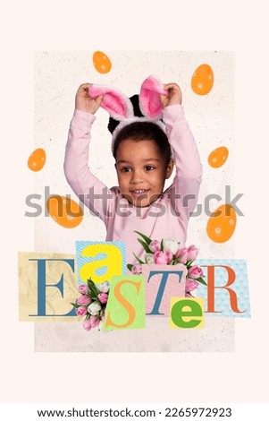 Creative picture invitation collage of adorable kindergarten child wear rabbit ears headband easter costume event