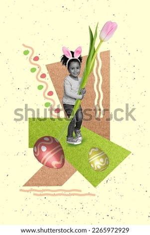 Invitation card collage of sweet pretty girl in easter bunny costume hold blooming floral tulips hunting eggs