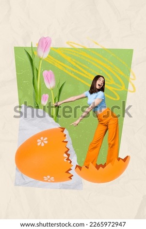 Creative poster banner collage of funny young youth lady dance active on easter festival hatch from painting egg