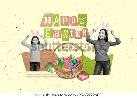 Creative graphics image collage of family easter event advert little kid mommy point costume bunny ears