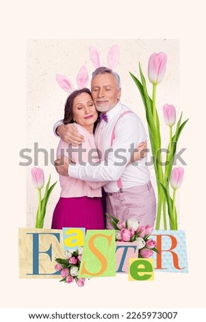 Creative image postcard collage of two people wife husband celebrate family easter gathering cuddling